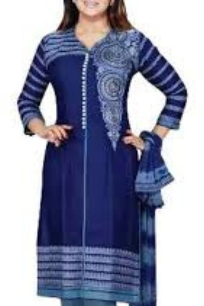 Beautiful blue printed three-piece dress for women with elegant embroidery and modern design.