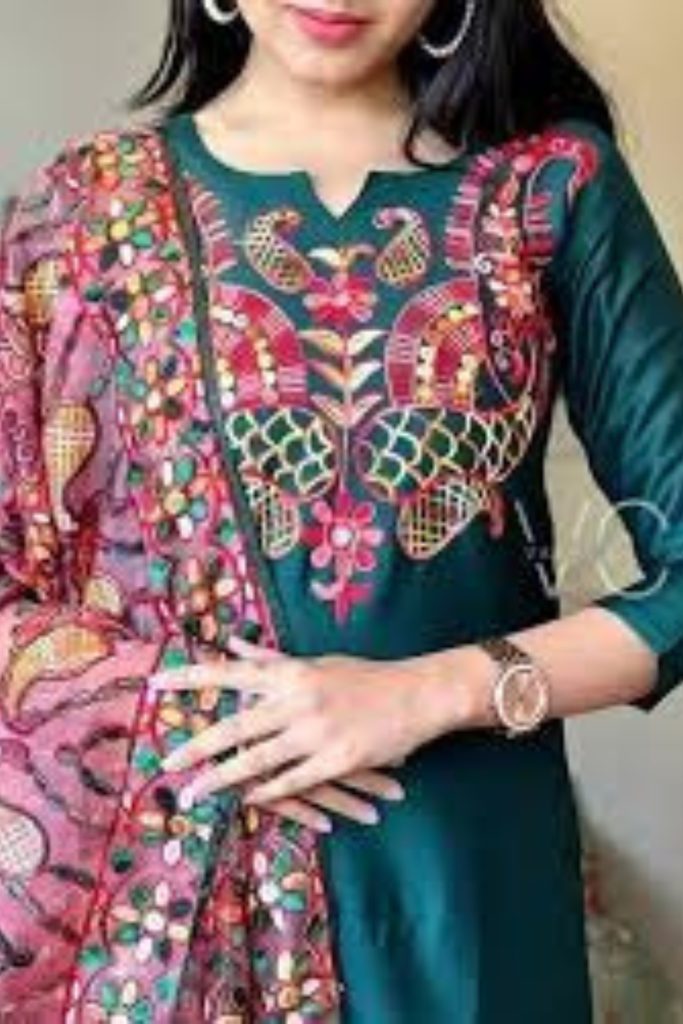 Green kurti with colorful embroidery and printed dupatta