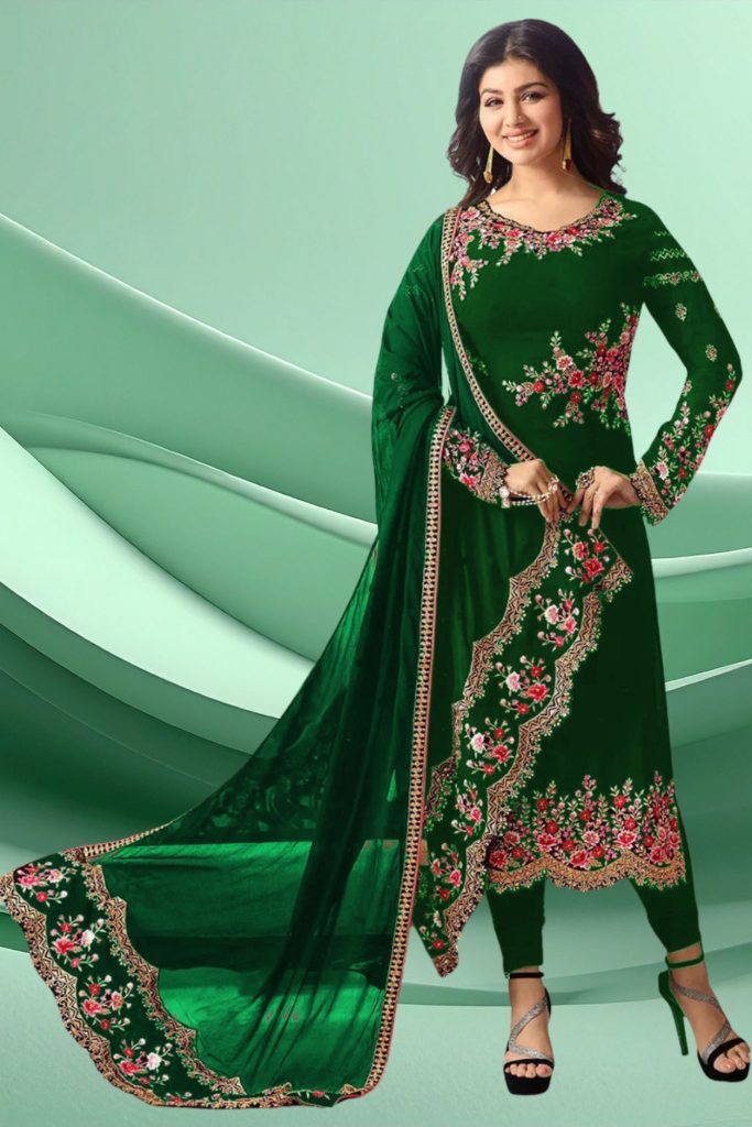 Elegant green embroidered three piece dress for women – perfect festive and party wear