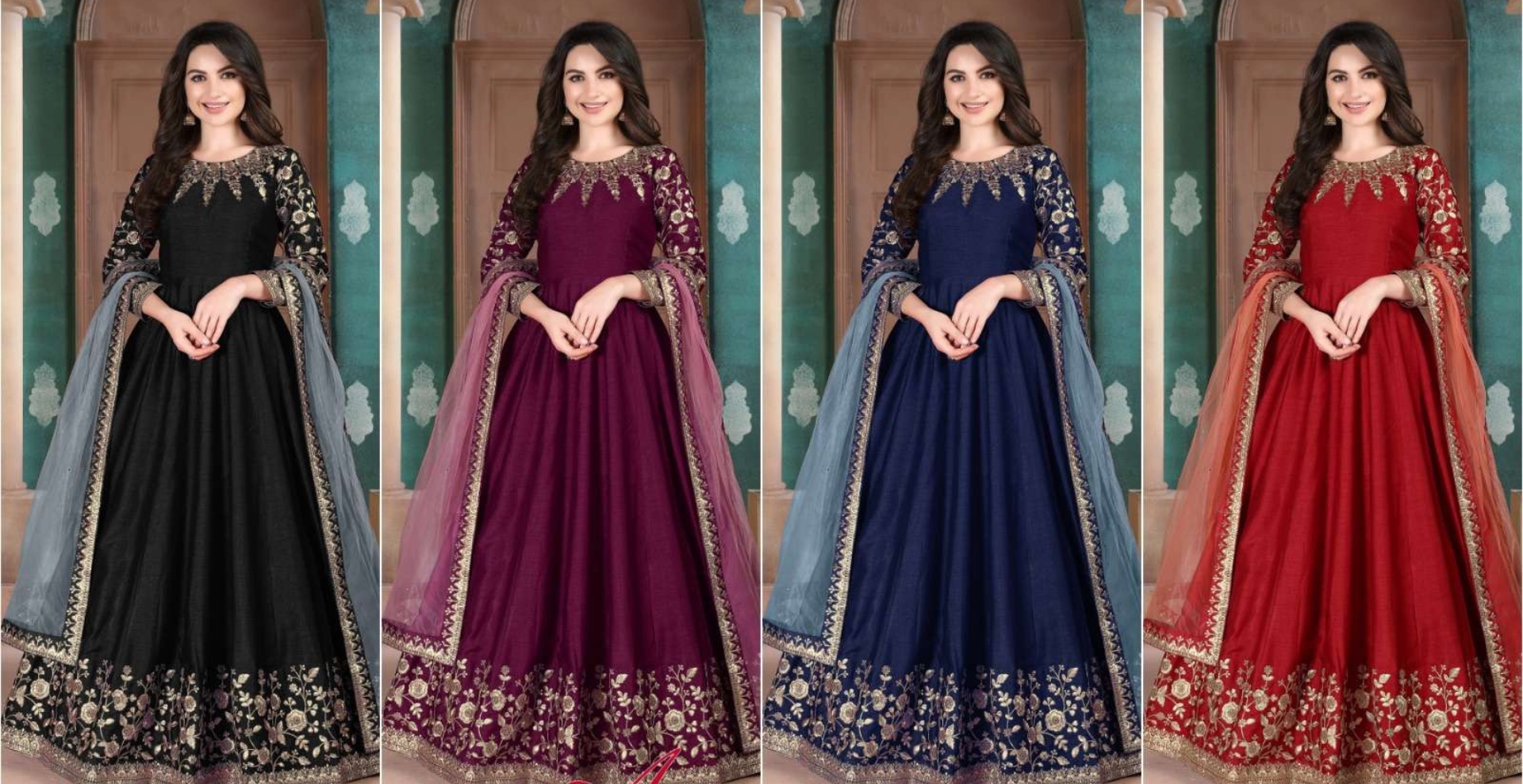 Party Wear Gown Collection in Black, Maroon, Blue and Red Colors
